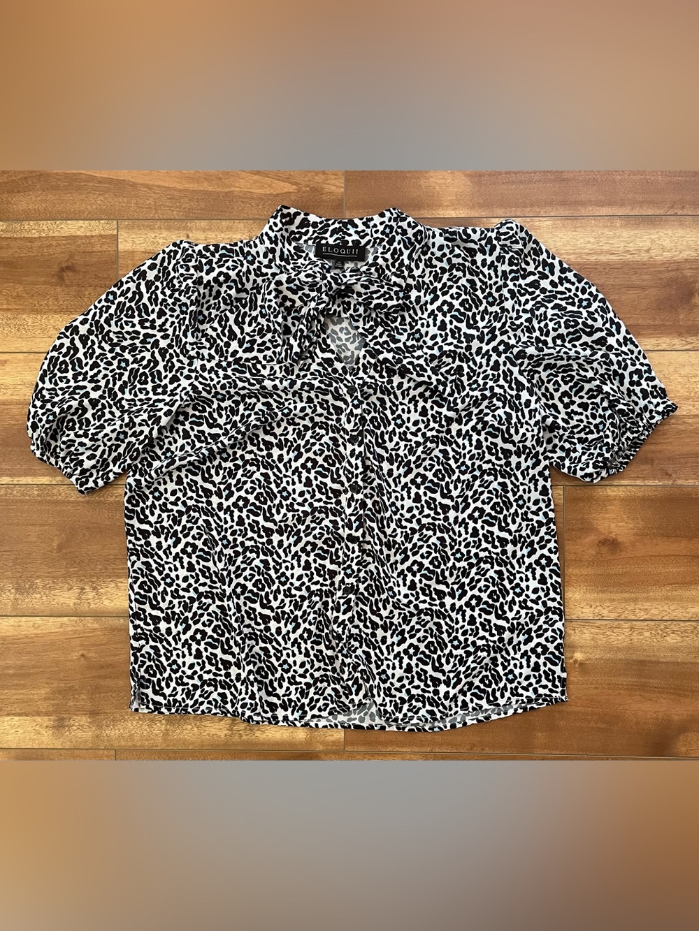 Eloquii Black/White/Blue Leopard Print Tie-Neck Blouse